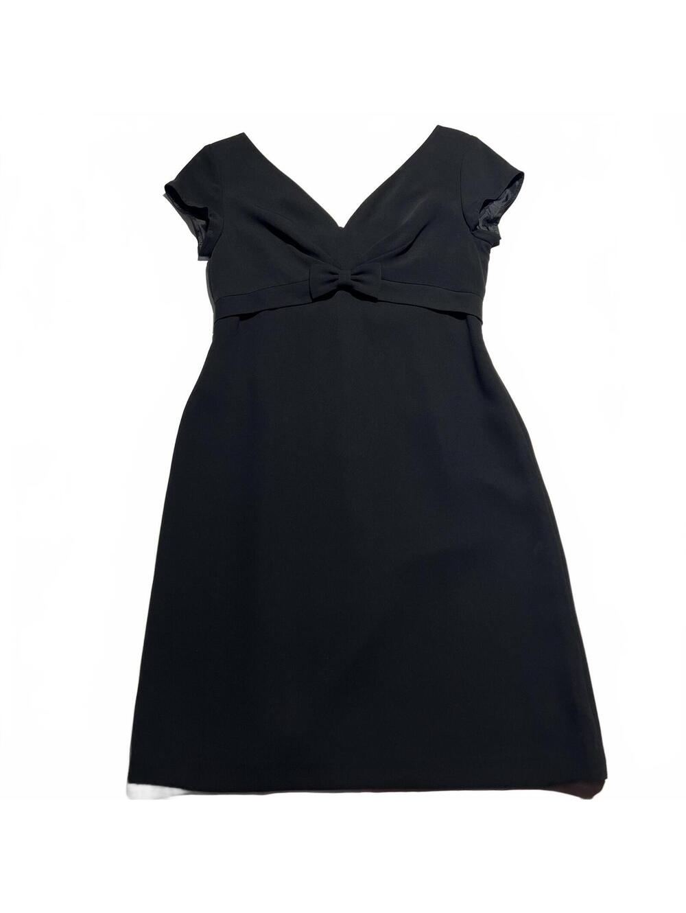 90s Bloomingdales Evening Cocktail Dress Size 8P Black V-Neck Cap Sleeve Bow LBD